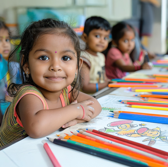 Girl with Coloring Book and Pencil